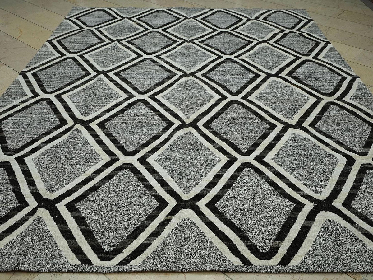 Luxurious Decor Turkish Kilim Rug: Gray Flat Woven Modern Minimalist Rugs 8x10