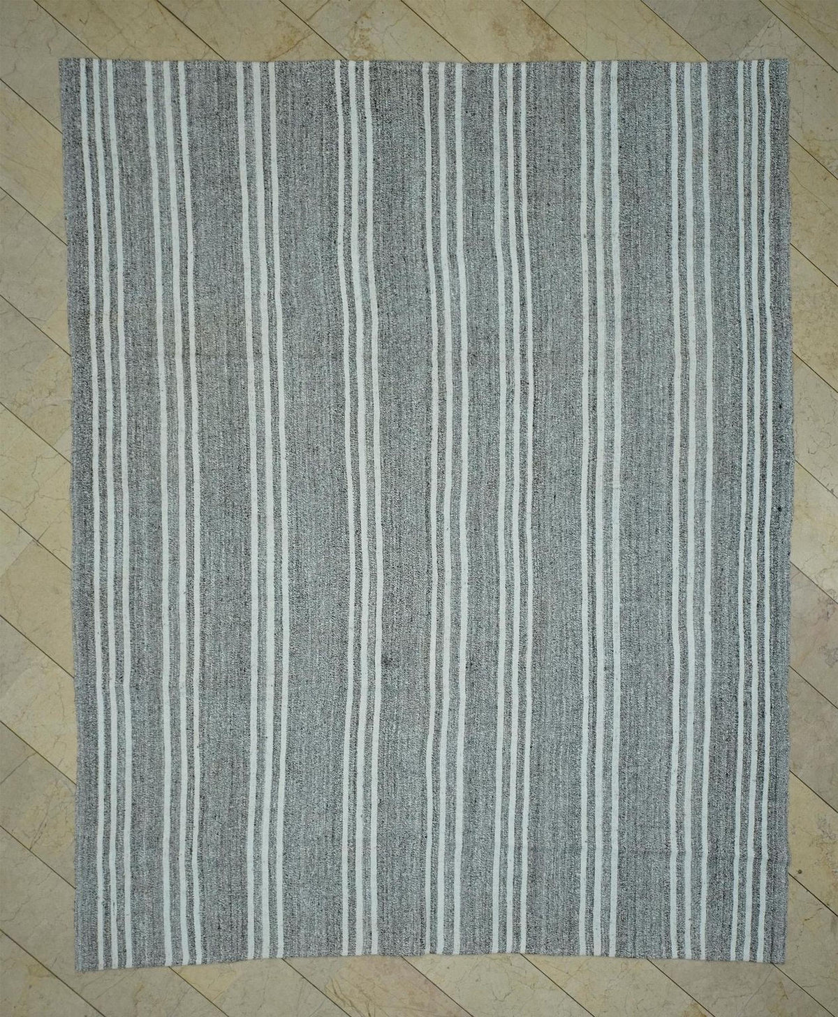 White Stripe Gray Kilim Rug: 9x11 Turkish Flat Woven Rugs,Vintage Style Decor.