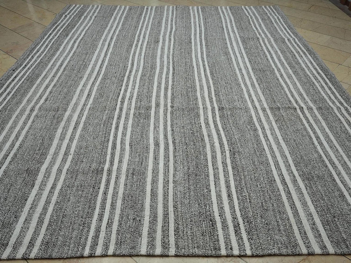 White Stripe Gray Kilim Rug: 9x11 Turkish Flat Woven Rugs,Vintage Style Decor.