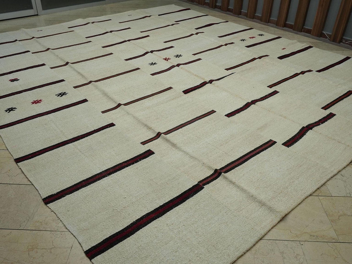 Oversized Minimalist Striped Hemp Kilim Rug: 12x13.4 ft,Luxurious Decor Rugs.