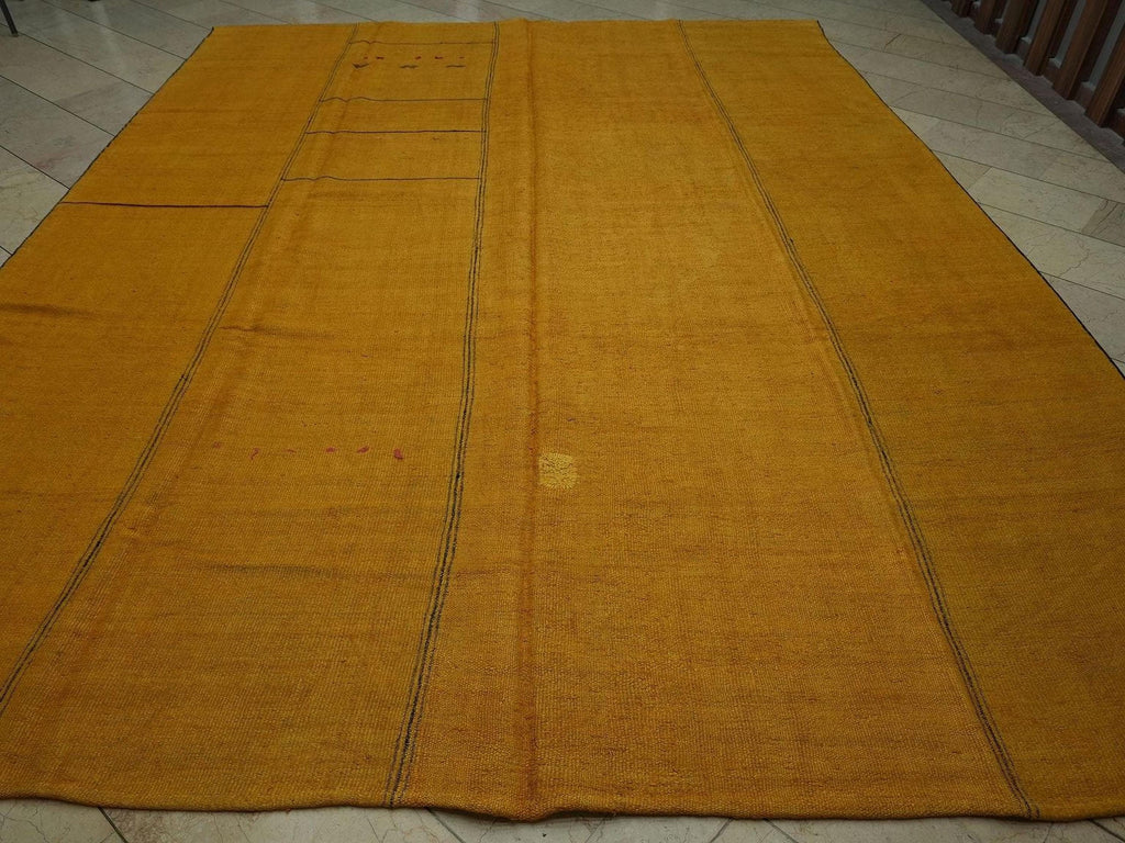 Overdye Saffron Hemp Kilim Rug: Turkish Flat Weave, Minimalist Decor Rugs,10x13 Ft