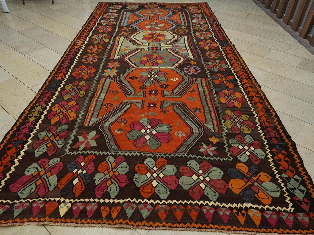 7x15 Old Turkish Kilim Rug: Flat Woven Wool Area Primitive Ethnic Decor Rugs.