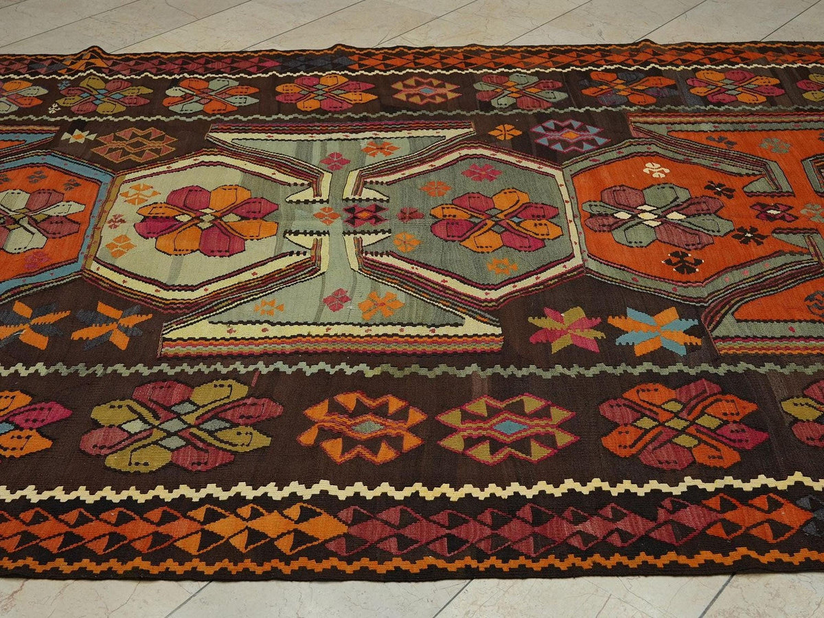 7x15 Old Turkish Kilim Rug: Flat Woven Wool Area Primitive Ethnic Decor Rugs.