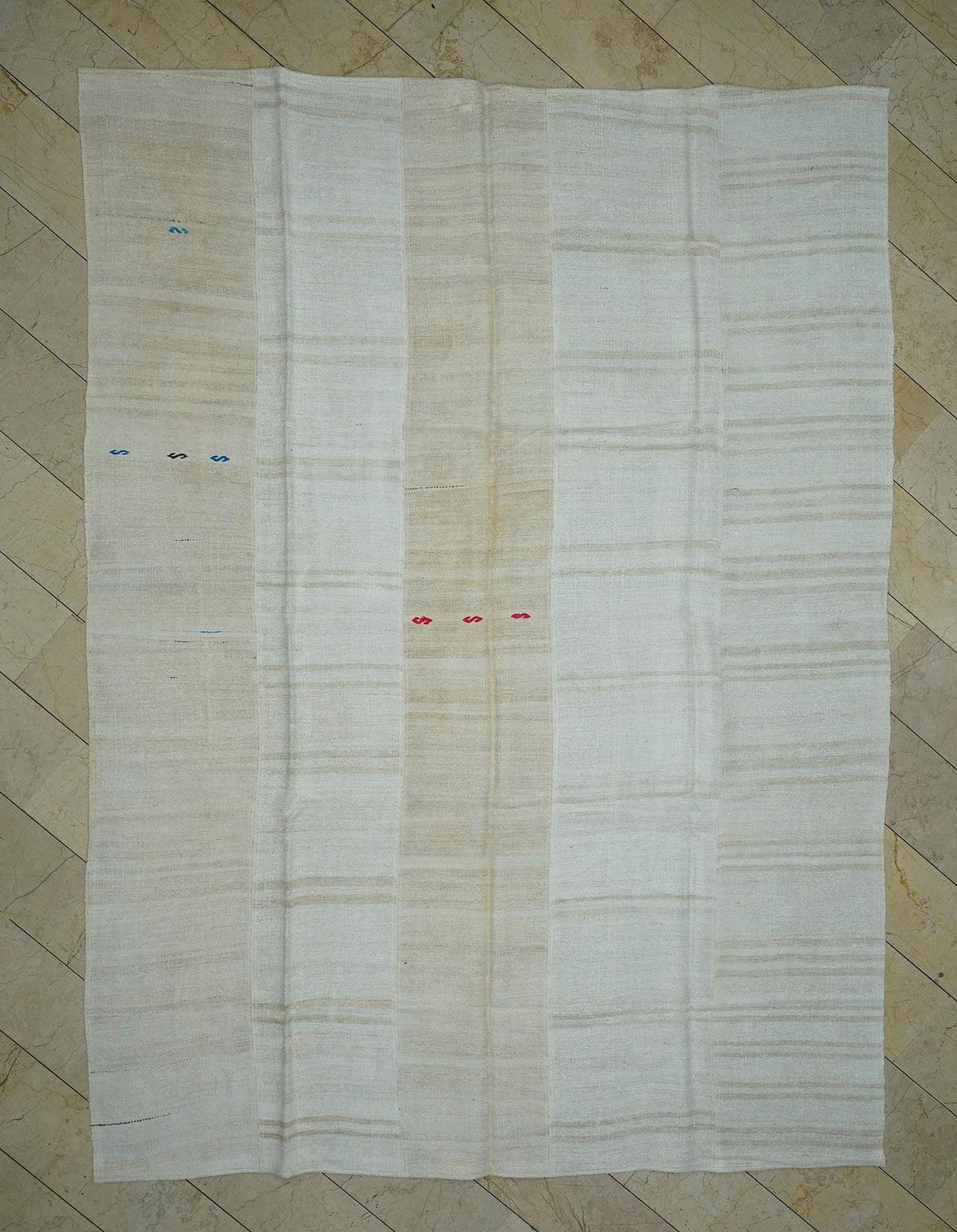 Minimalist Hemp Kilim Rug 9x12: Turkish Flat Woven Broken Stripe Rugs.
