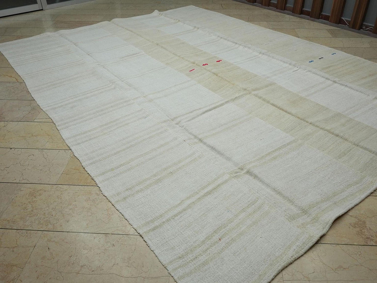 Minimalist Hemp Kilim Rug 9x12: Turkish Flat Woven Broken Stripe Rugs.