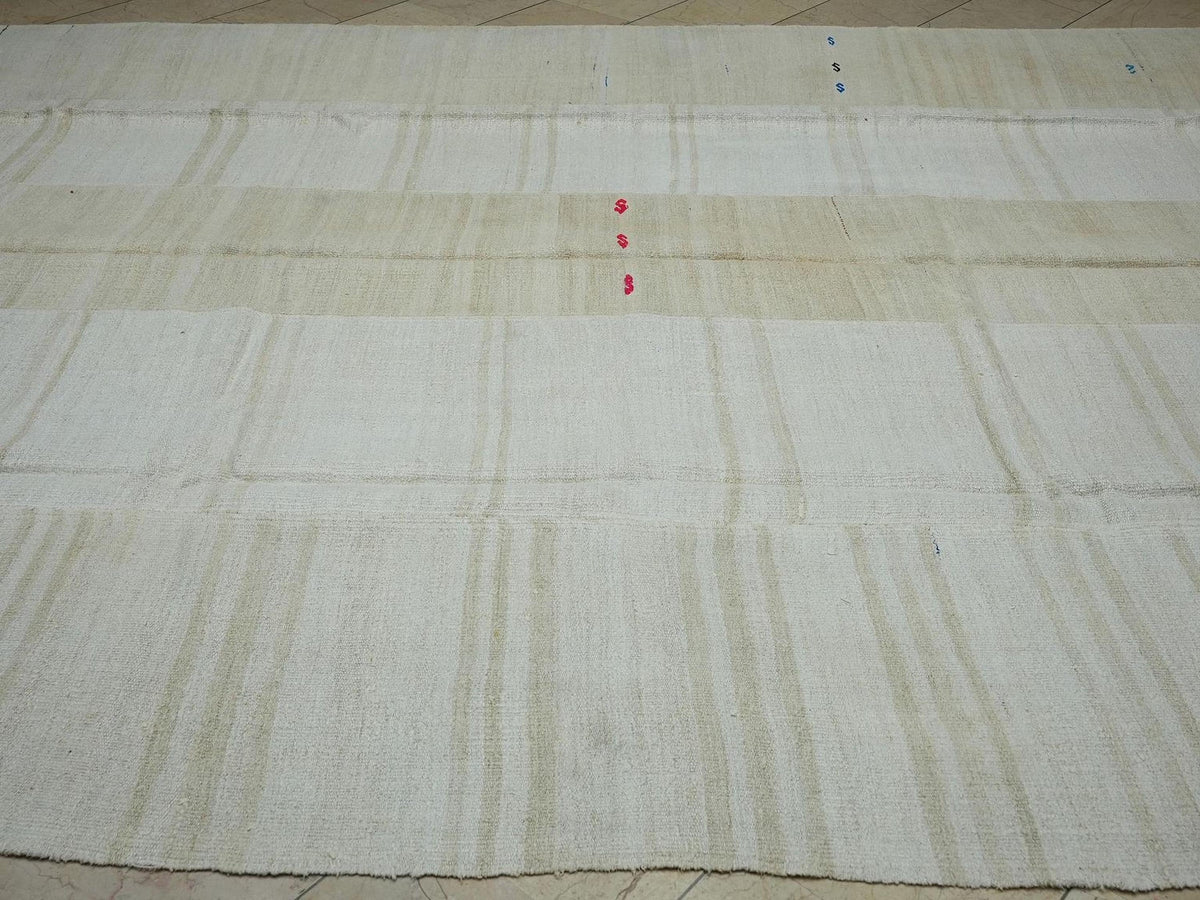 Minimalist Hemp Kilim Rug 9x12: Turkish Flat Woven Broken Stripe Rugs.