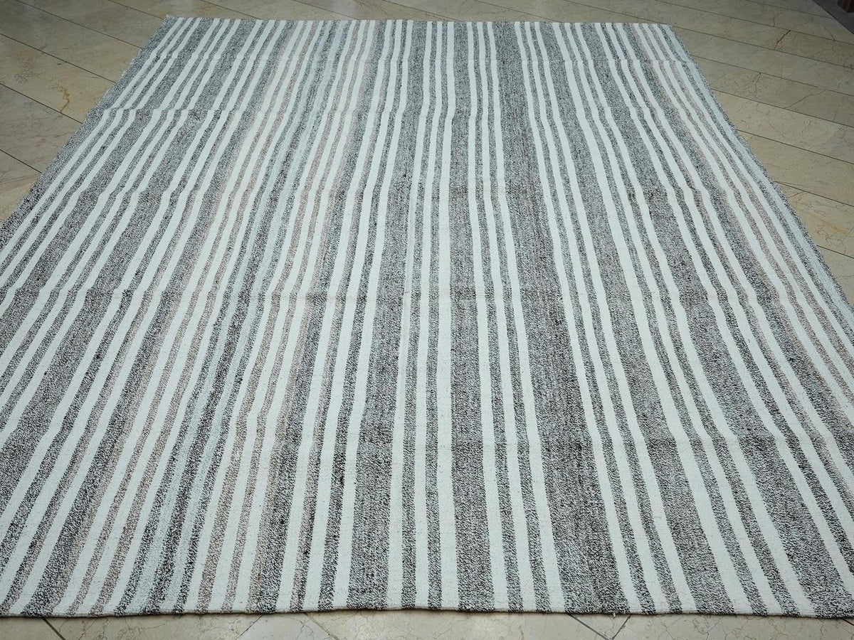 8x10 Oversized Kilim Rug: Minimalist White & Gray Striped Cotton Goat Hair Woven Rugs