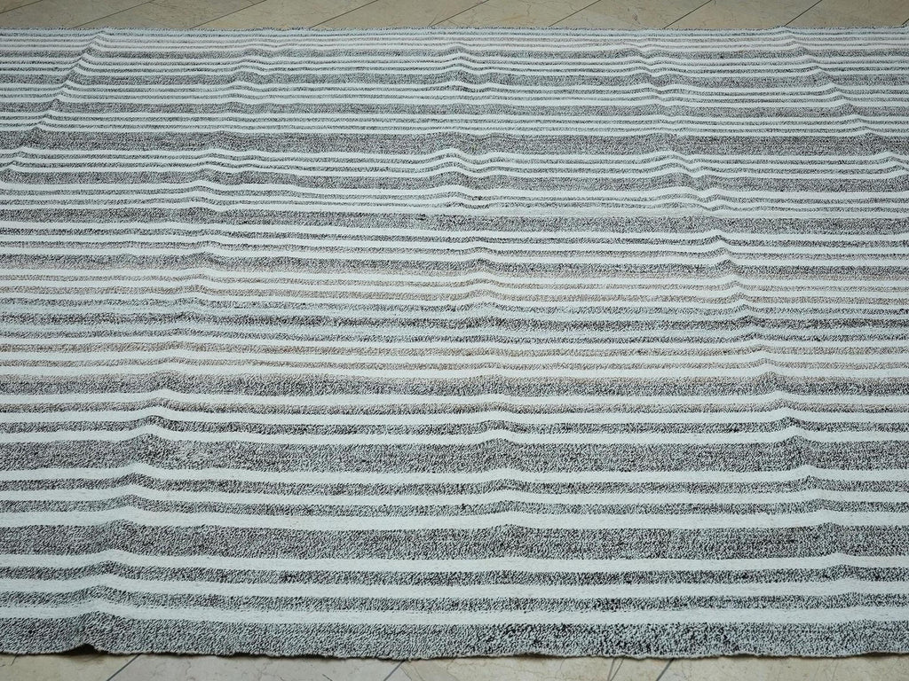 8x10 Oversized Kilim Rug: Minimalist White & Gray Striped Cotton Goat Hair Woven Rugs