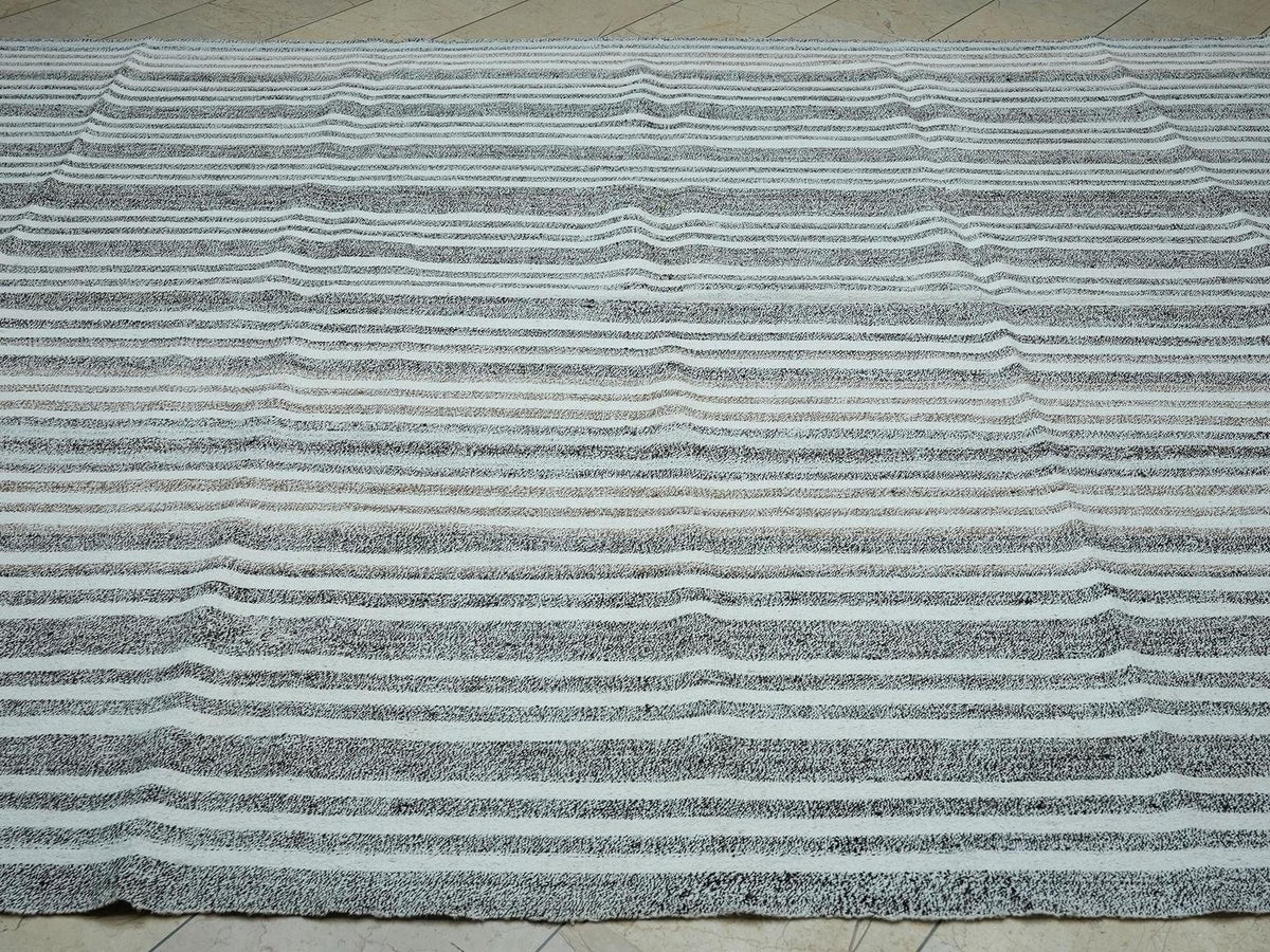8x10 Oversized Kilim Rug: Minimalist White & Gray Striped Cotton Goat Hair Woven Rugs
