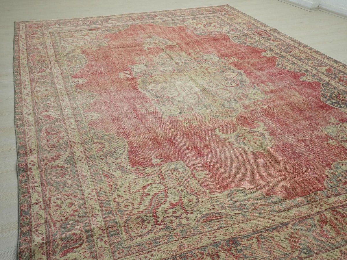 Geometric Oversize Vintage Turkish Oushak Rug: 8x11.4 Feet,Handwoven Wool On Cotton Floral Rugs.