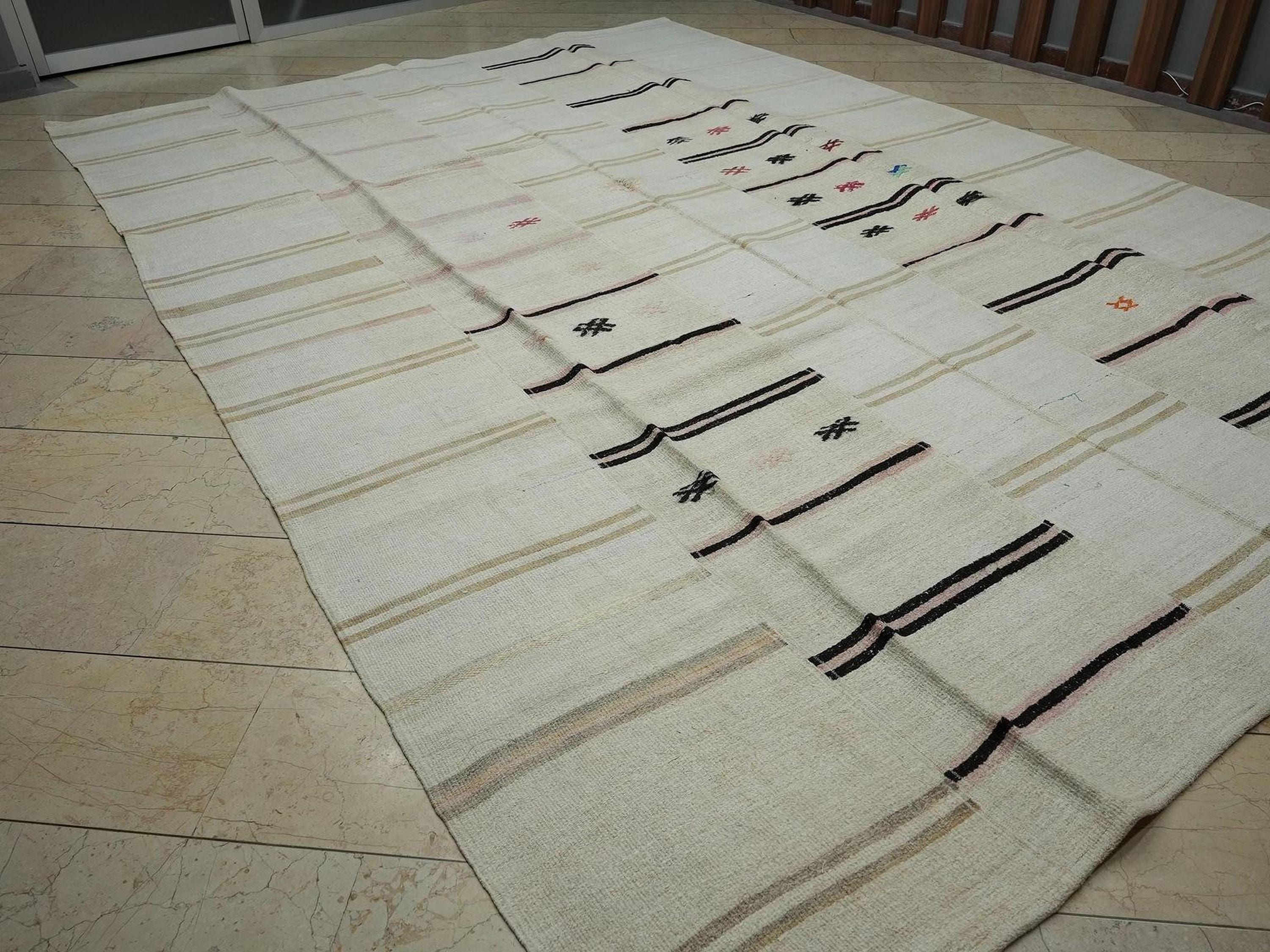Cream Beige Kilim Patchwork Rug: 9,6x13,7 ft, Vintage Anatolian Hemp Rugs