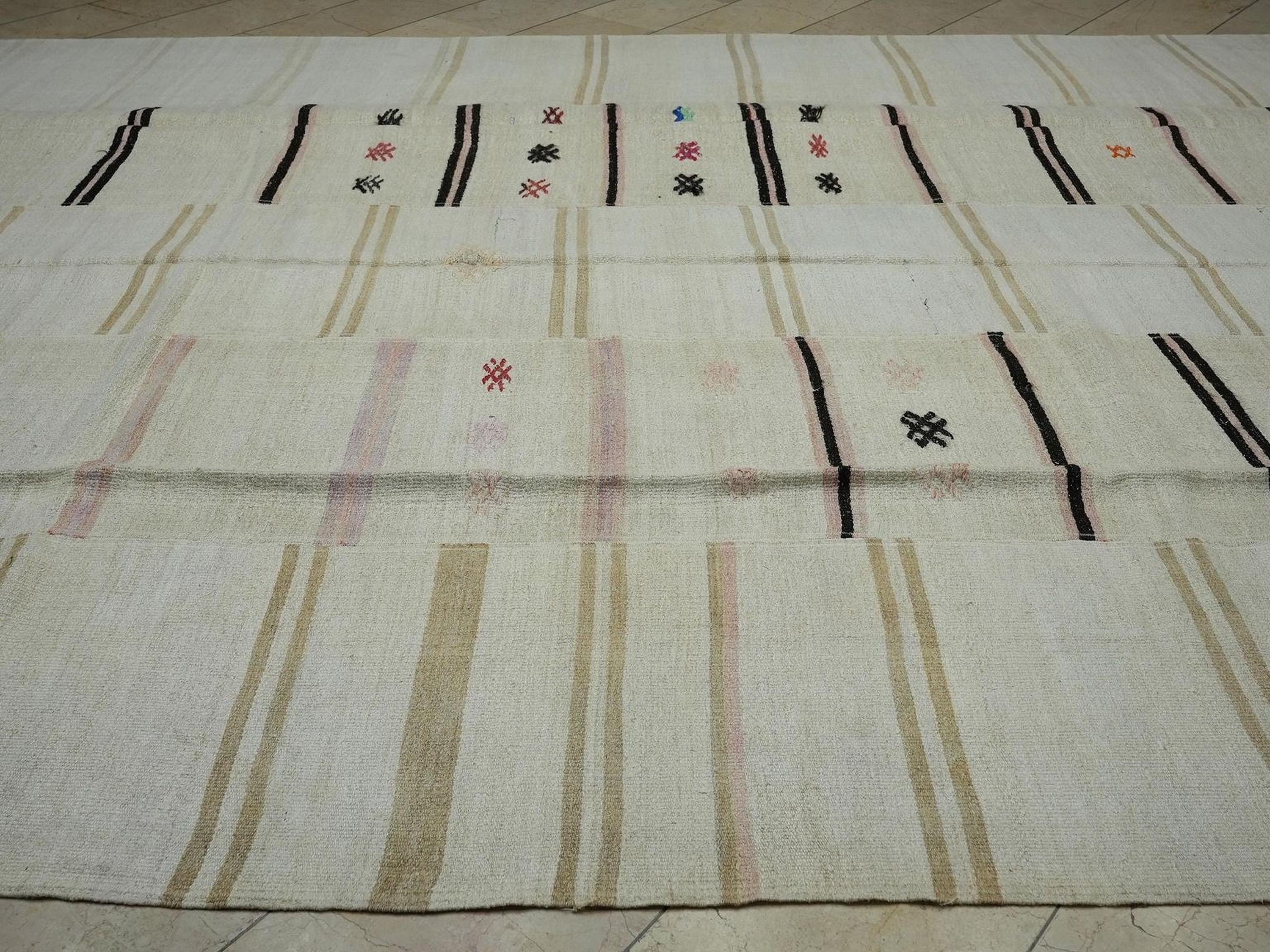 Cream Beige Kilim Patchwork Rug: 9,6x13,7 ft, Vintage Anatolian Hemp Rugs