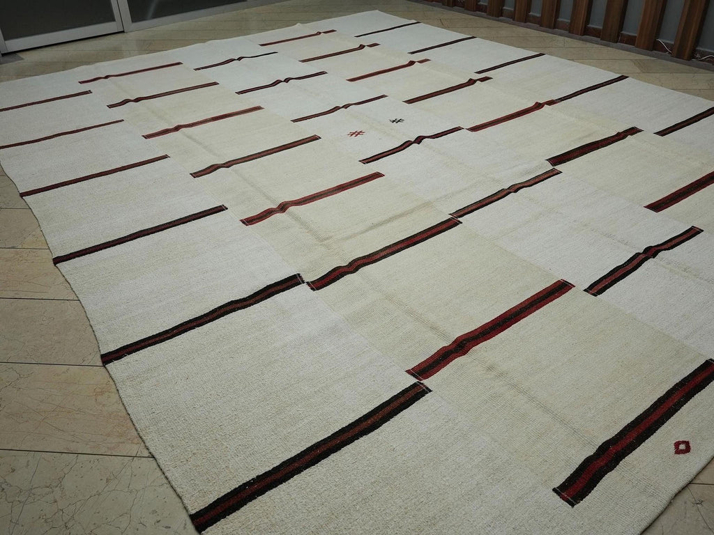 Red Stripe Cream White Vintage Turkish Hemp Kilim Rug: 11x14