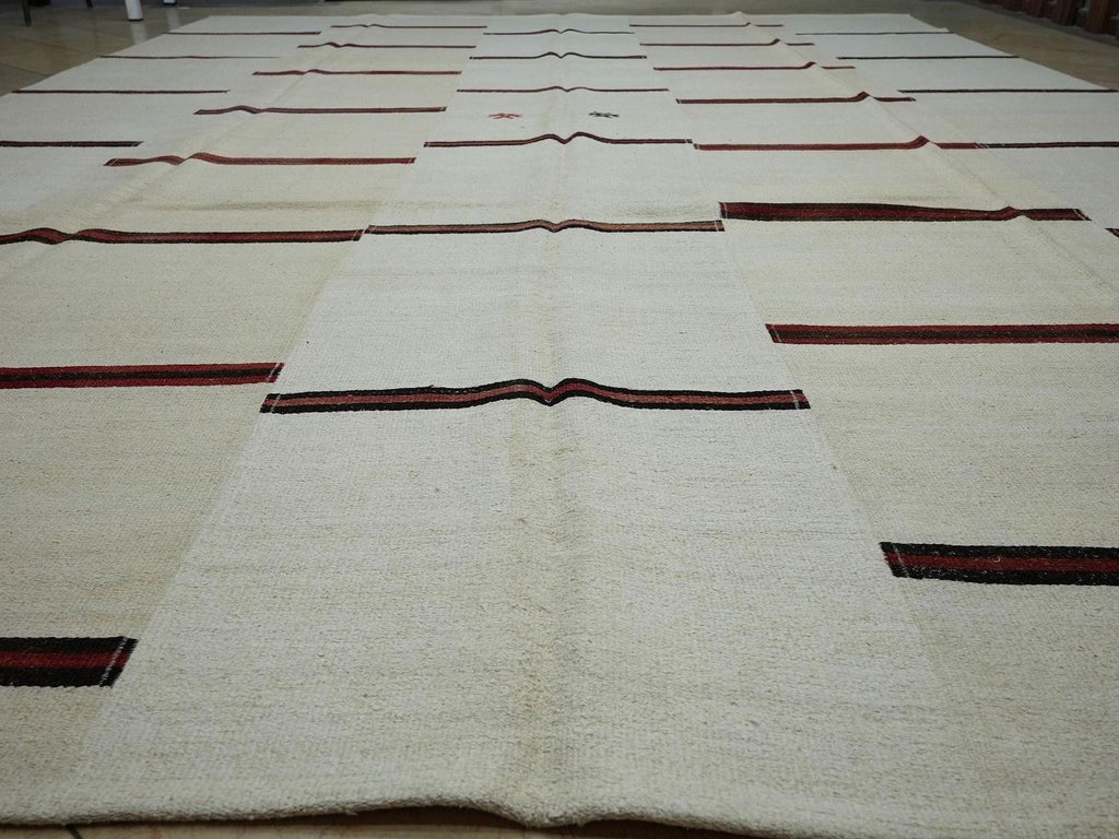 Red Stripe Cream White Vintage Turkish Hemp Kilim Rug: 11x14
