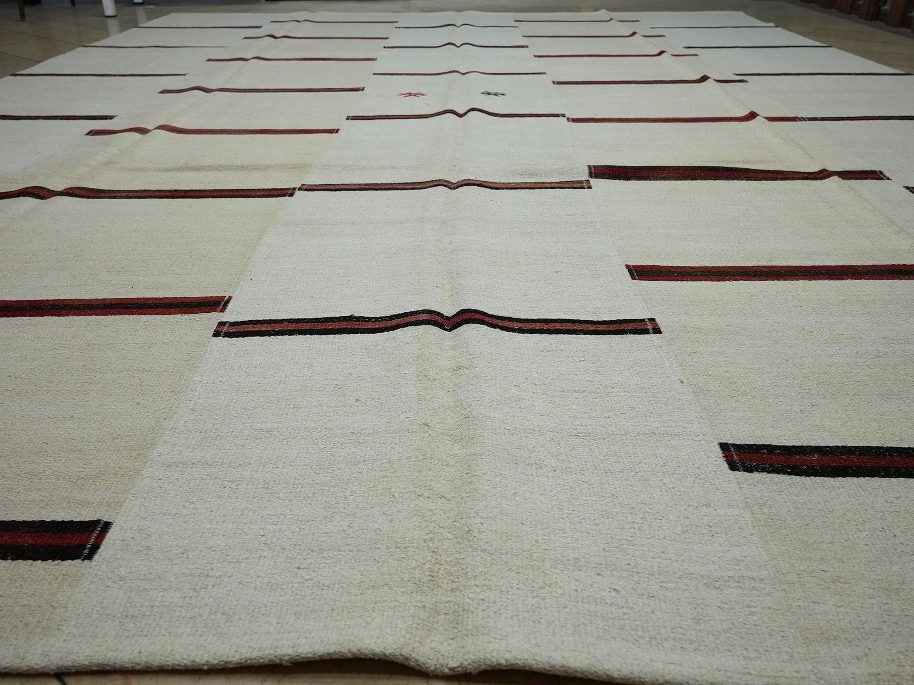 Red Stripe Cream White Vintage Turkish Hemp Kilim Rug: 11x14