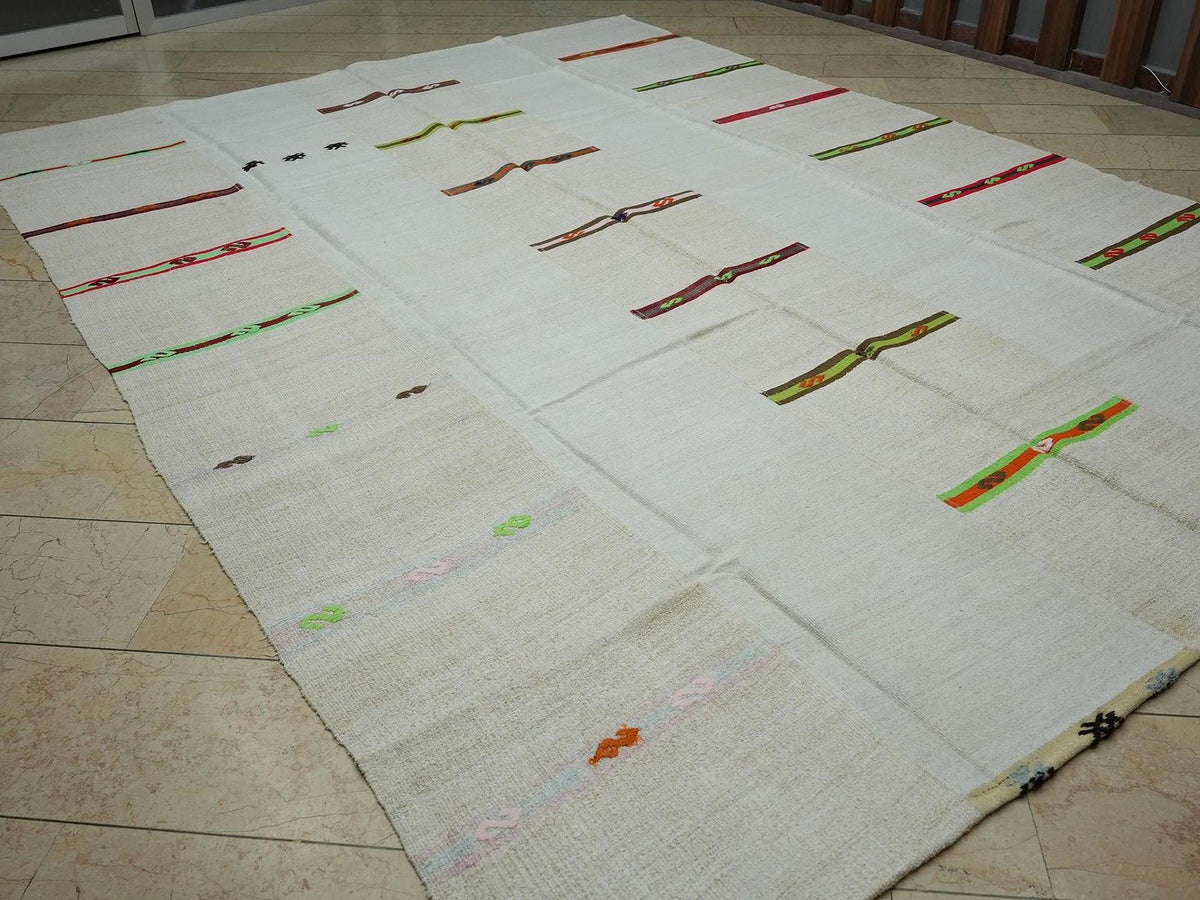 Minimalist Striped Hemp Kilim Rug: Oversized Turkish Vintage Rugs 9"x12"