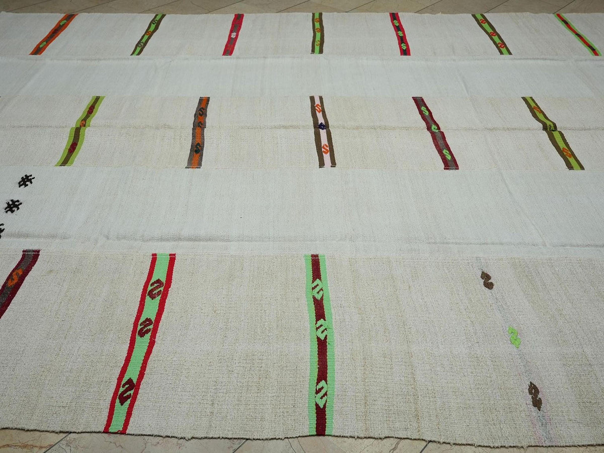 Minimalist Striped Hemp Kilim Rug: Oversized Turkish Vintage Rugs 9"x12"