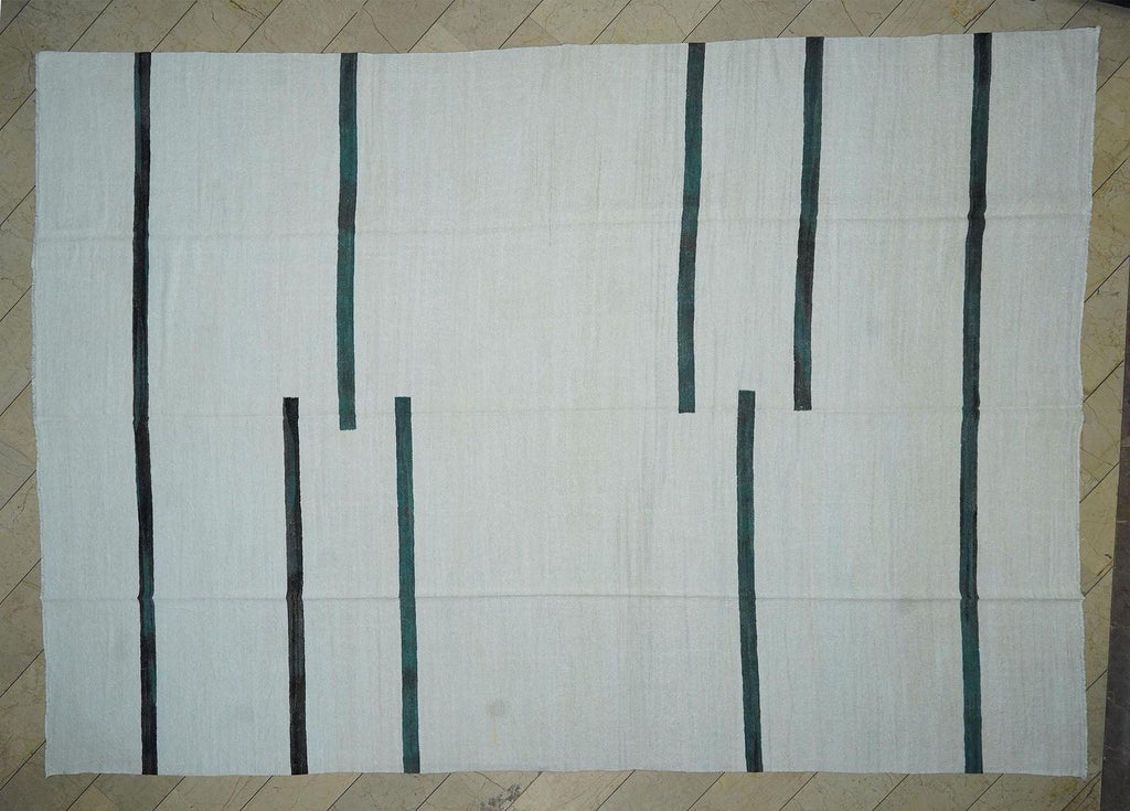 Oversize Mid Century Modern Stripe Hemp Kilim Rug: Vintage Turkish Rugs 11.1"x15'6" Feet.