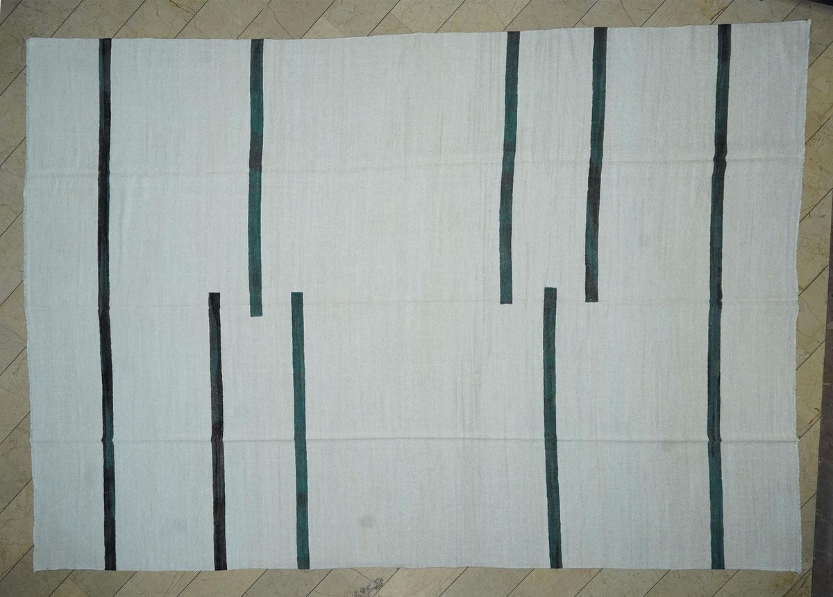 Oversize Mid Century Modern Stripe Hemp Kilim Rug: Vintage Turkish Rugs 11.1"x15'6" Feet.
