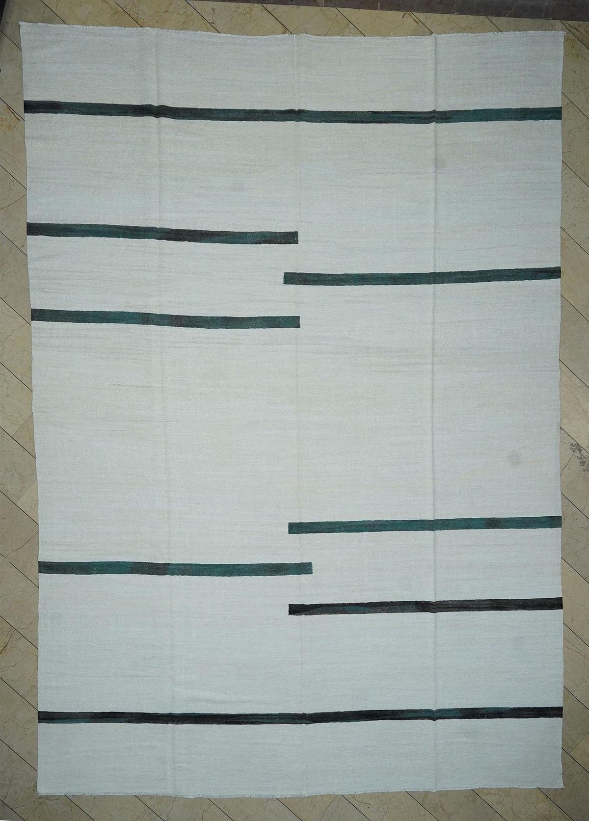 Oversize Mid Century Modern Stripe Hemp Kilim Rug: Vintage Turkish Rugs 11.1"x15'6" Feet.