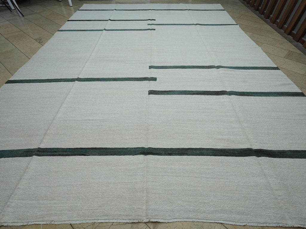 Oversize Mid Century Modern Stripe Hemp Kilim Rug: Vintage Turkish Rugs 11.1"x15'6" Feet.