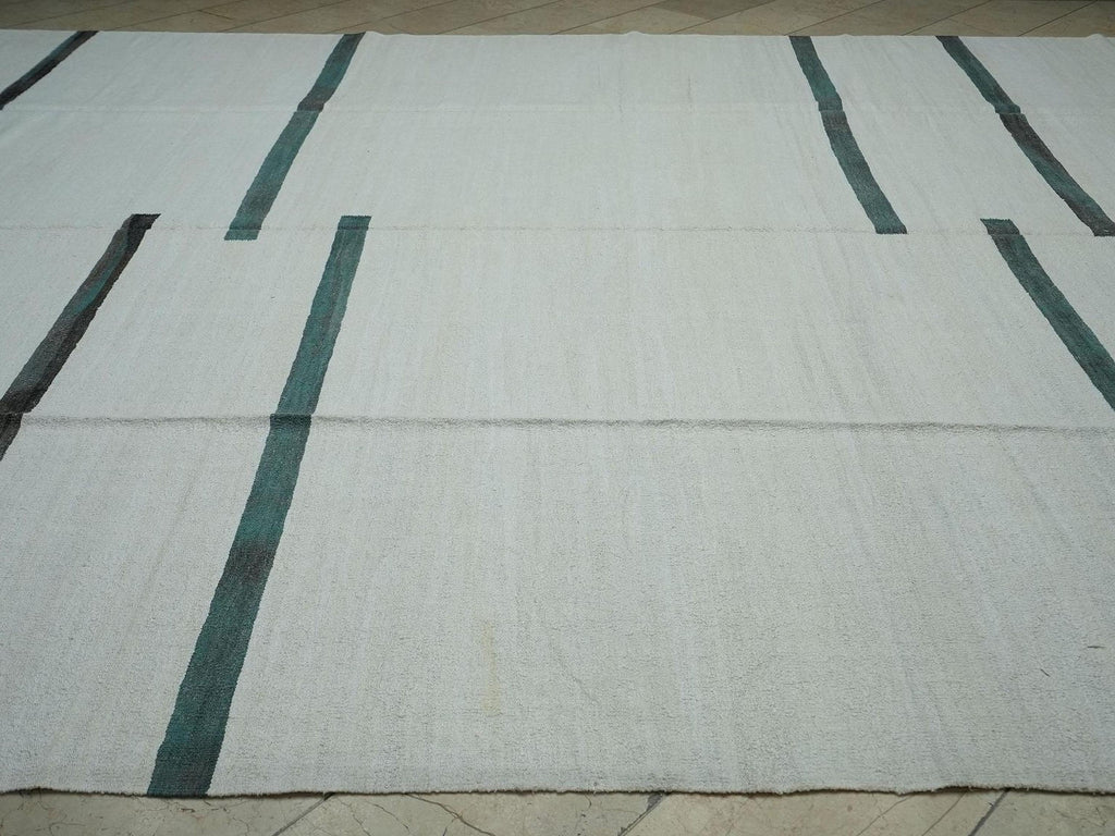 Oversize Mid Century Modern Stripe Hemp Kilim Rug: Vintage Turkish Rugs 11.1"x15'6" Feet.