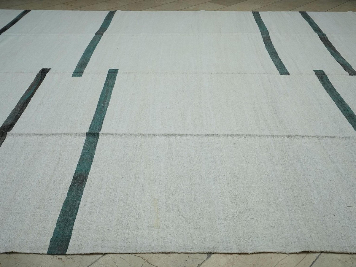 Oversize Mid Century Modern Stripe Hemp Kilim Rug: Vintage Turkish Rugs 11.1"x15'6" Feet.