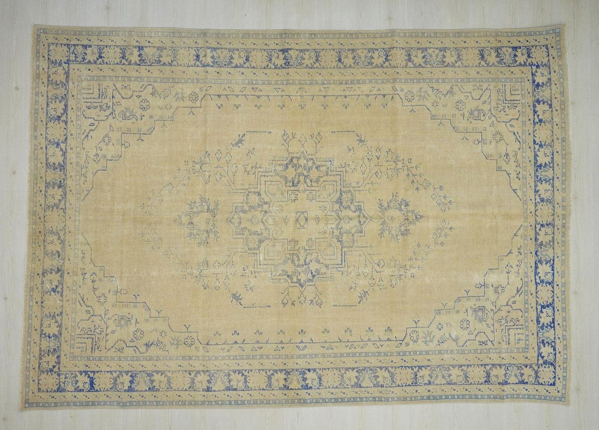Oversize Vintage Turkish Oushak Rug: Old Handwoven Blue & chickpeas Color Area Rugs.