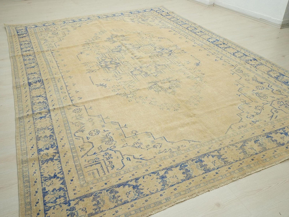 Oversize Vintage Turkish Oushak Rug: Old Handwoven Blue & chickpeas Color Area Rugs.