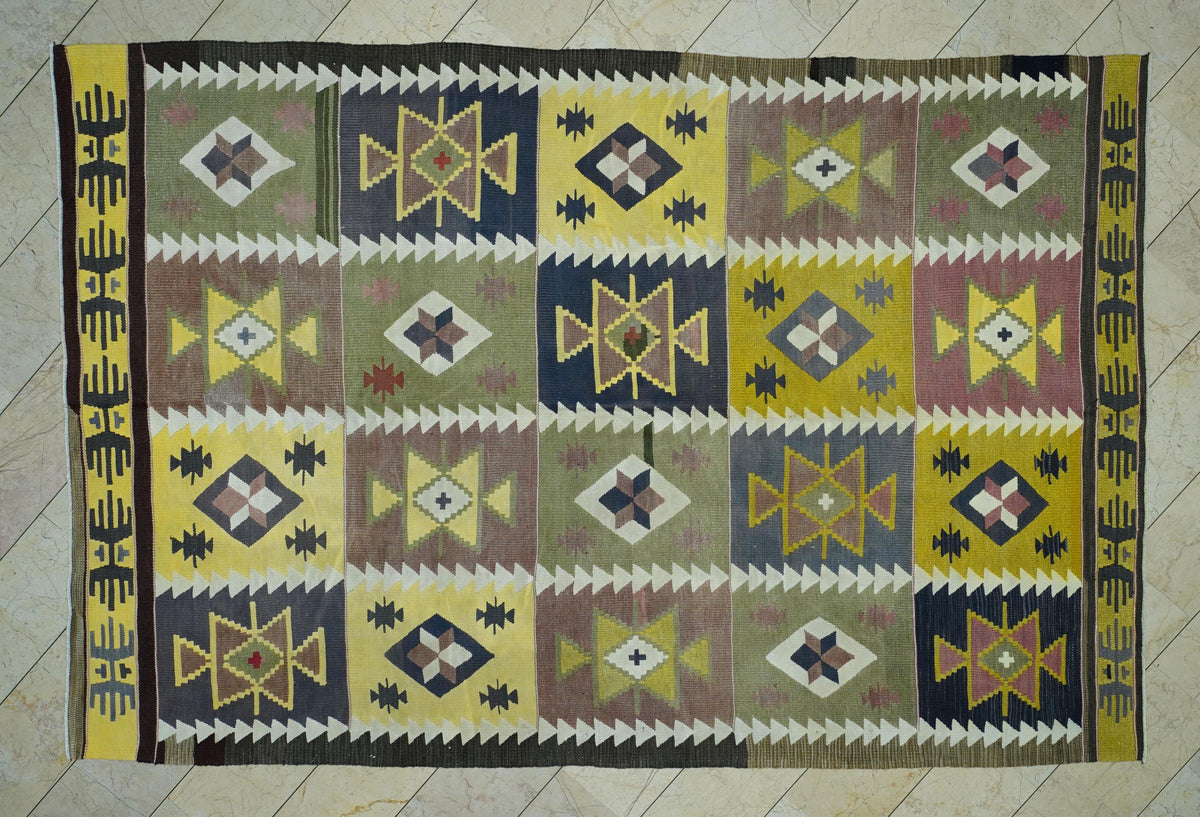 Oversize Kilim Rug: 7.7x11.5 ft, Yellow Purple Flat Weave, Mid-Century Modern Rugs