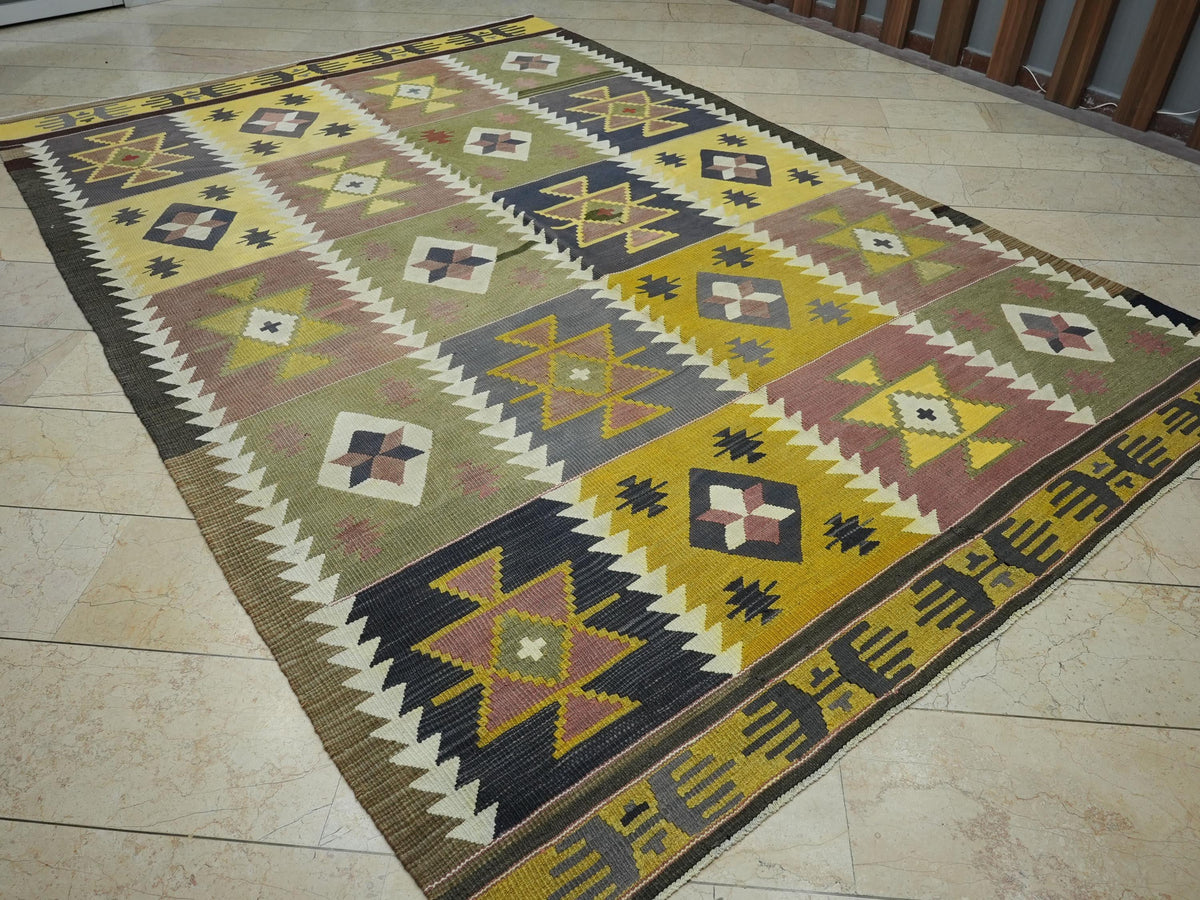Oversize Kilim Rug: 7.7x11.5 ft, Yellow Purple Flat Weave, Mid-Century Modern Rugs