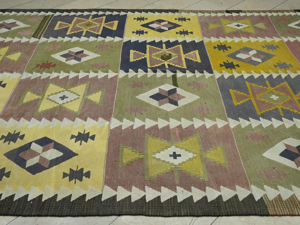 Oversize Kilim Rug: 7.7x11.5 ft, Yellow Purple Flat Weave, Mid-Century Modern Rugs