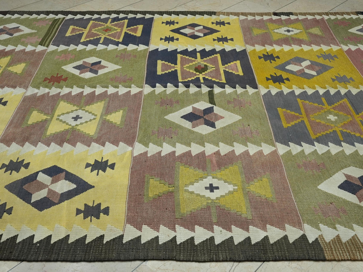 Oversize Kilim Rug: 7.7x11.5 ft, Yellow Purple Flat Weave, Mid-Century Modern Rugs