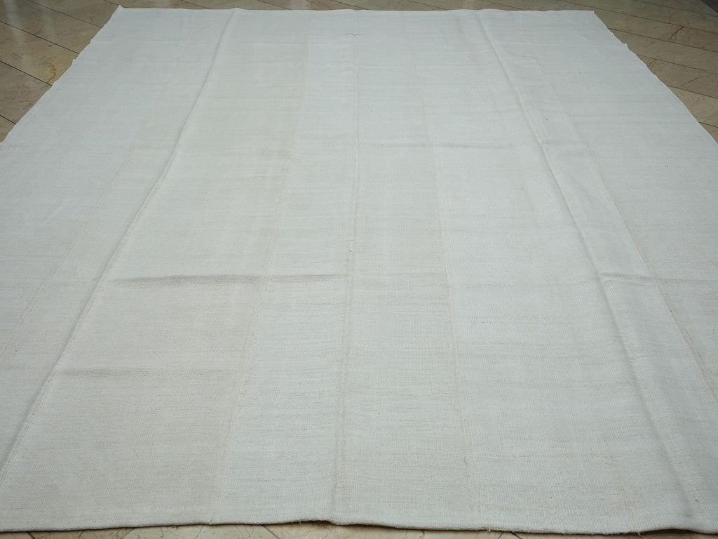 Vintage Hemp Kilim Rug: 9x11 Off White Turkish Flat Weave