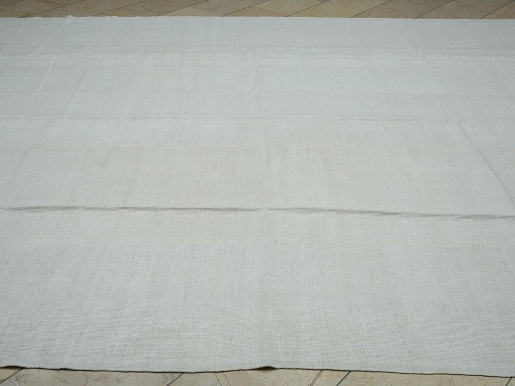 Vintage Hemp Kilim Rug: 9x11 Off White Turkish Flat Weave