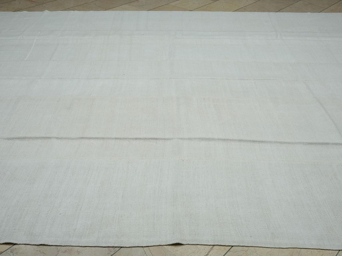 Vintage Hemp Kilim Rug: 9x11 Off White Turkish Flat Weave