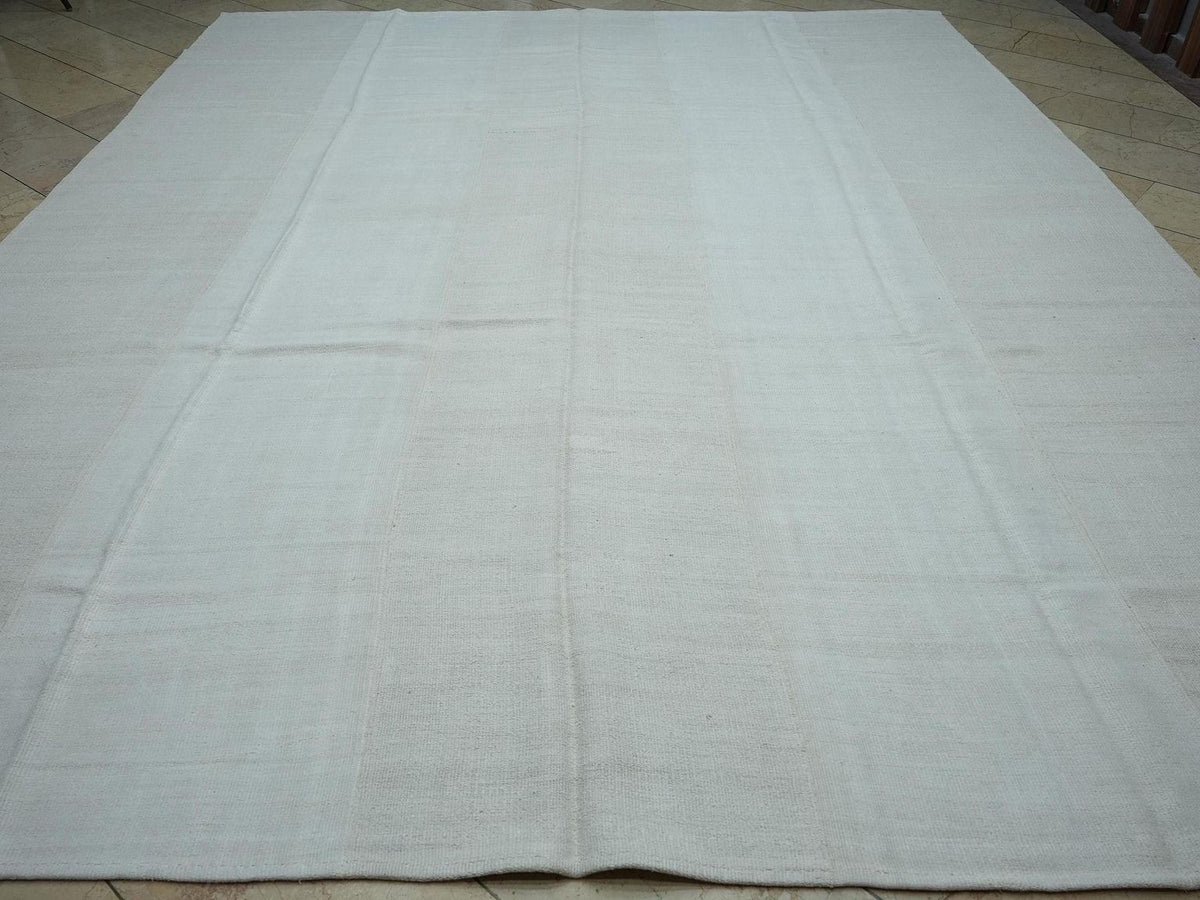 Vintage Turkish Hemp Kilim Rug: 10x13 Minimalist Off-White Organic Rugs