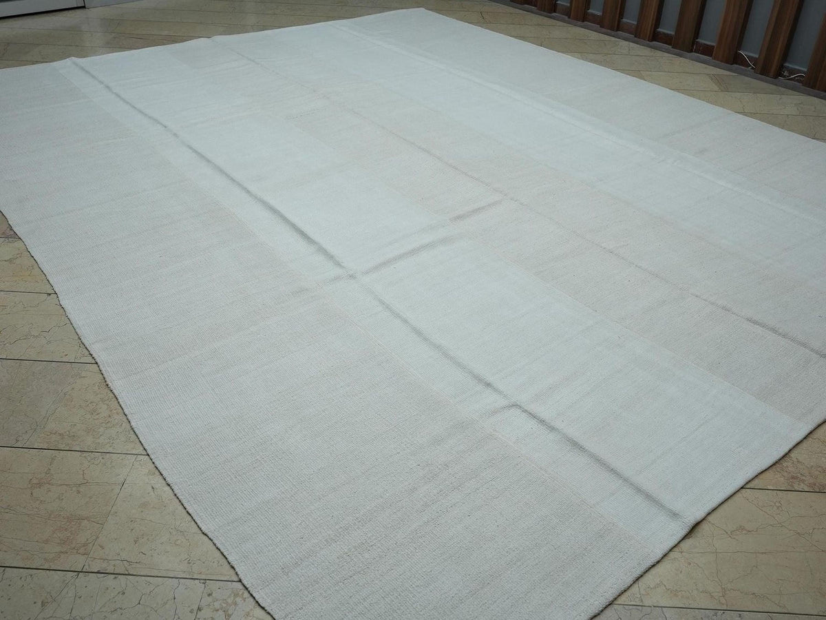 Vintage Turkish Hemp Kilim Rug: 10x13 Minimalist Off-White Organic Rugs