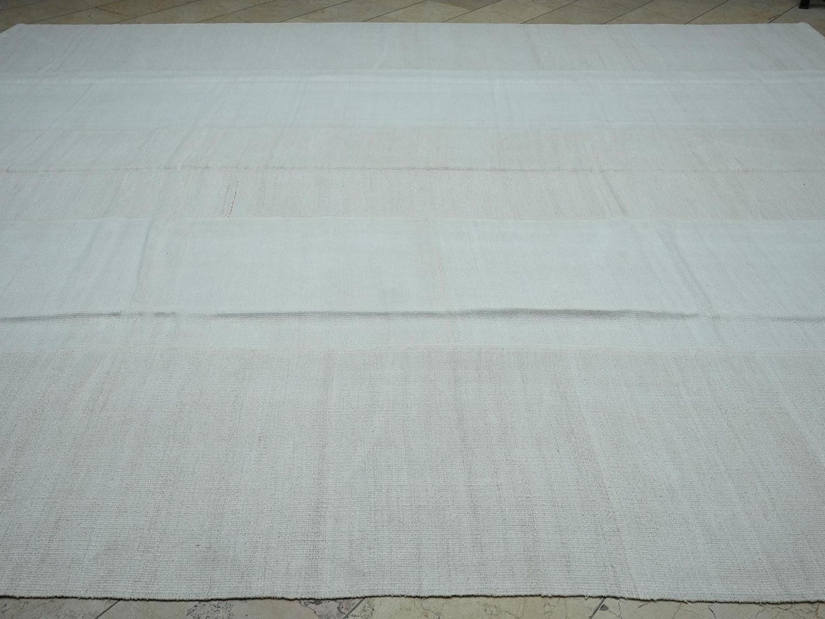 Vintage Turkish Hemp Kilim Rug: 10x13 Minimalist Off-White Organic Rugs