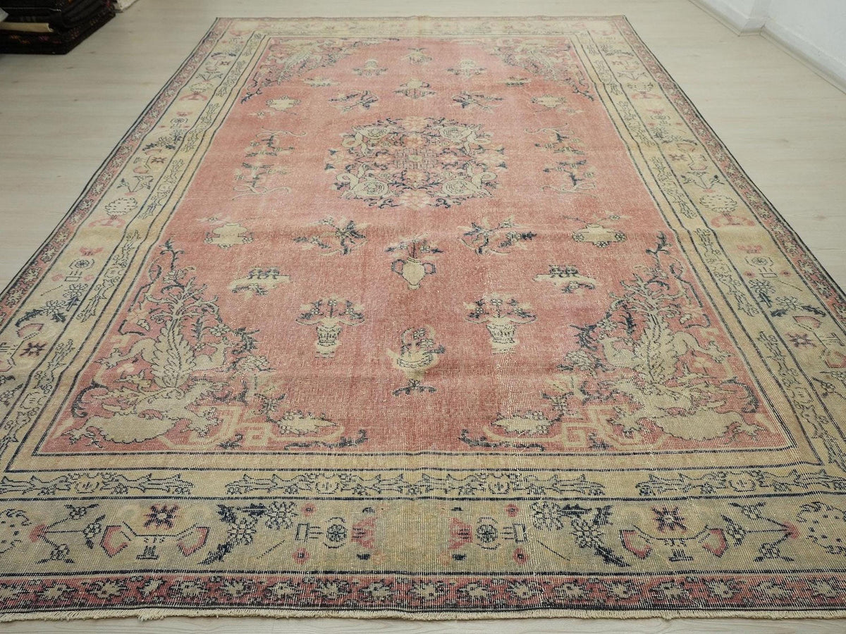8x12 Oversize Salmon Pink Vintage Turkish Oushak Rug: Handwoven Short Pile Area Carpet Rugs.