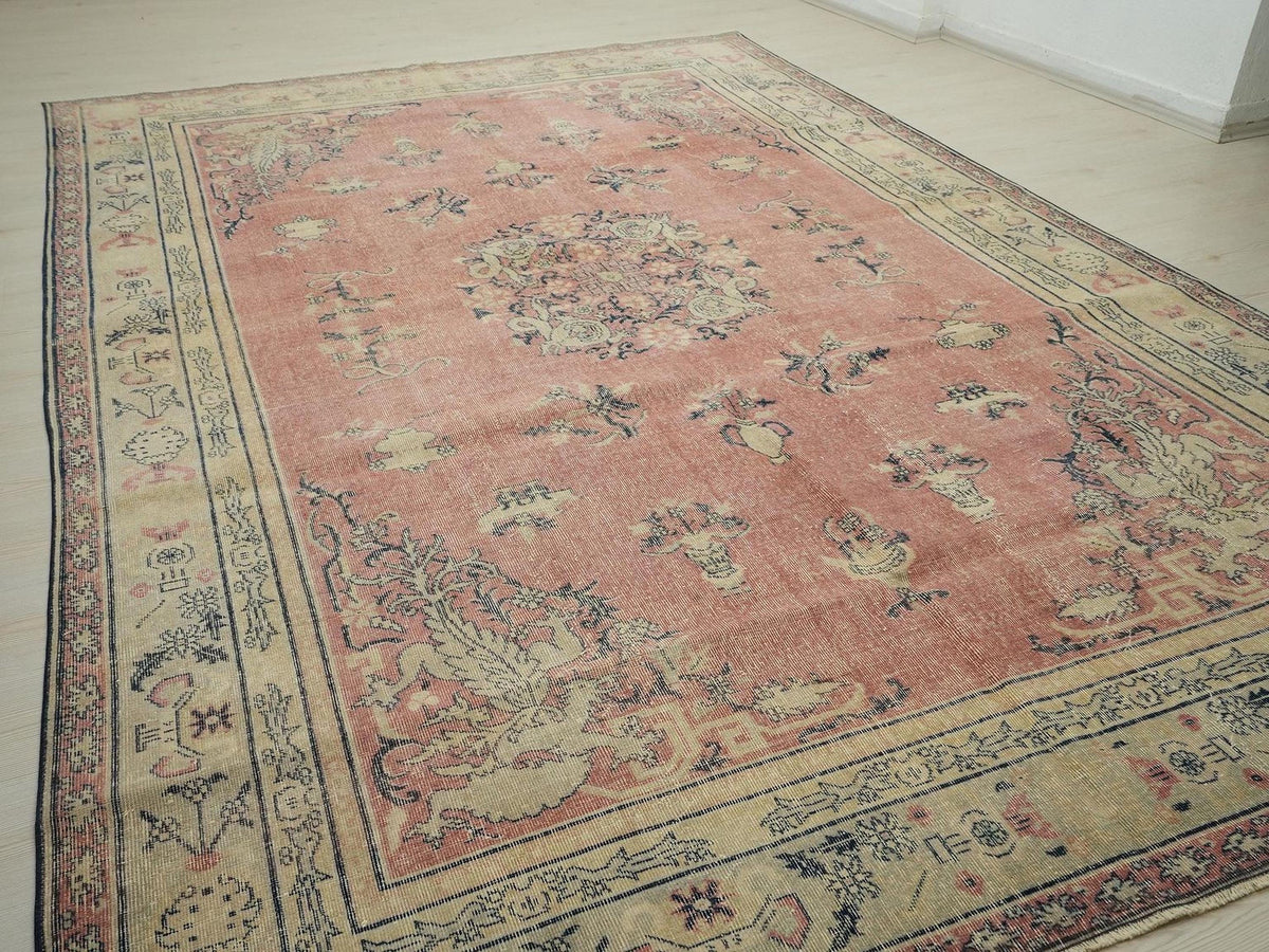 8x12 Oversize Salmon Pink Vintage Turkish Oushak Rug: Handwoven Short Pile Area Carpet Rugs.