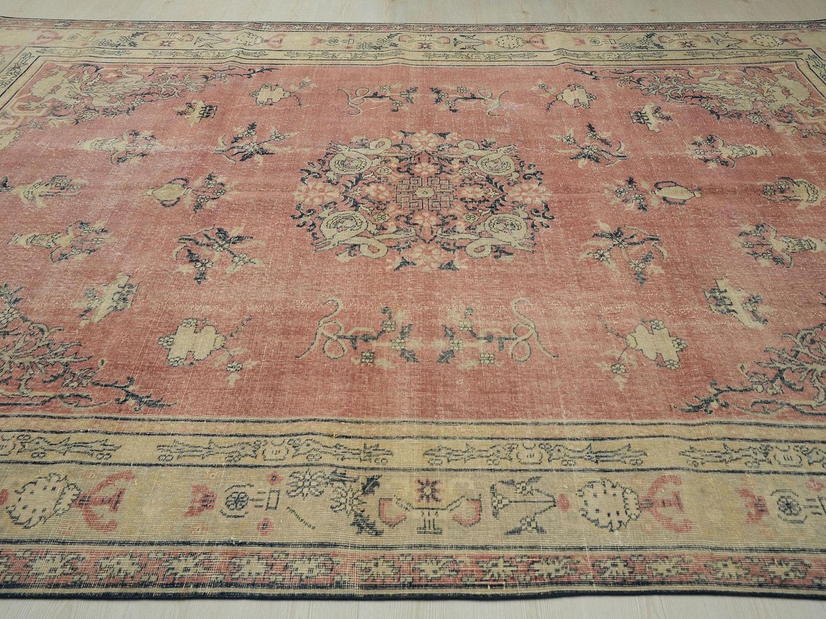 8x12 Oversize Salmon Pink Vintage Turkish Oushak Rug: Handwoven Short Pile Area Carpet Rugs.