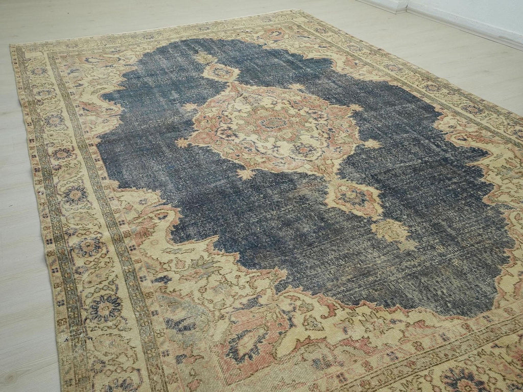 8x12 Oversize Vintage Turkish Oushak Rug: Navy-Blue Handwoven Wool On Cotton Rugs.