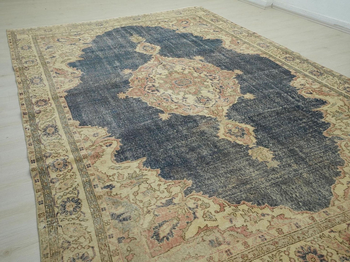 8x12 Oversize Vintage Turkish Oushak Rug: Navy-Blue Handwoven Wool On Cotton Rugs.