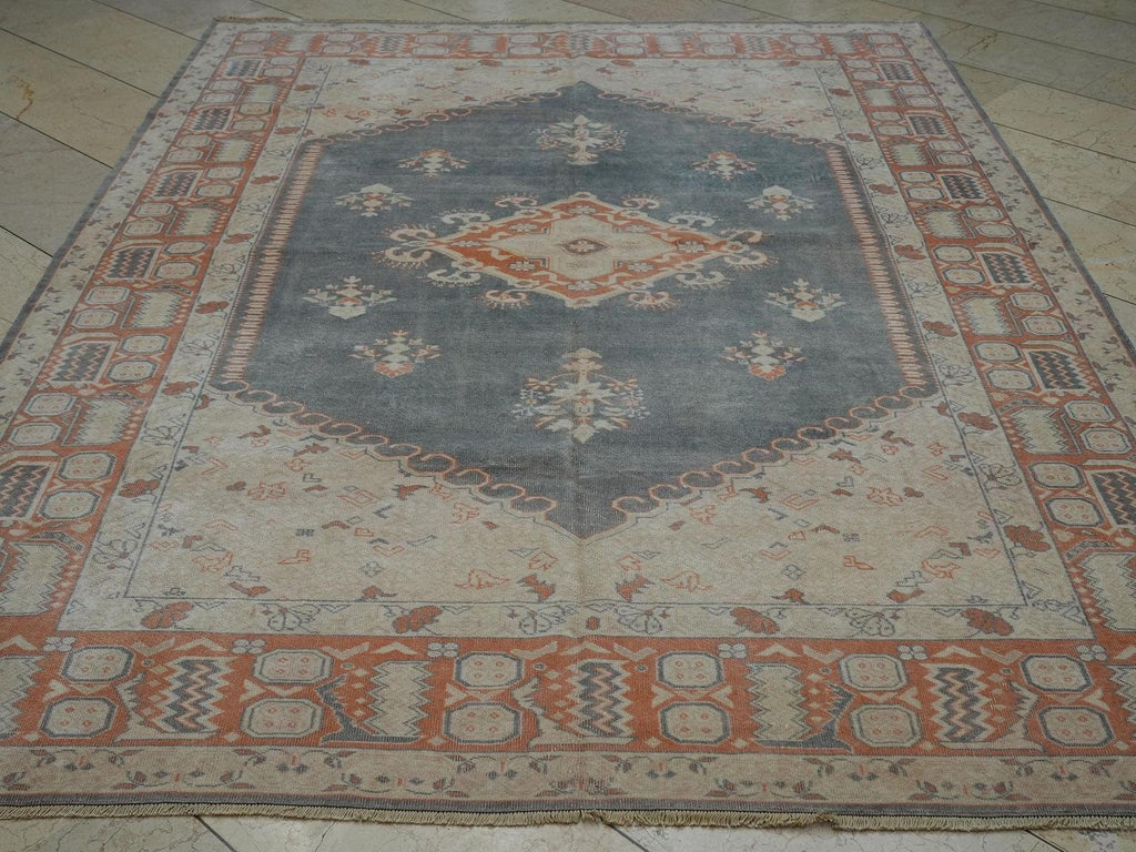 Handmade Wool Vintage Turkish Oushak Rug: 6.5x9  Gray Blue & Terra-cotta Rugs.