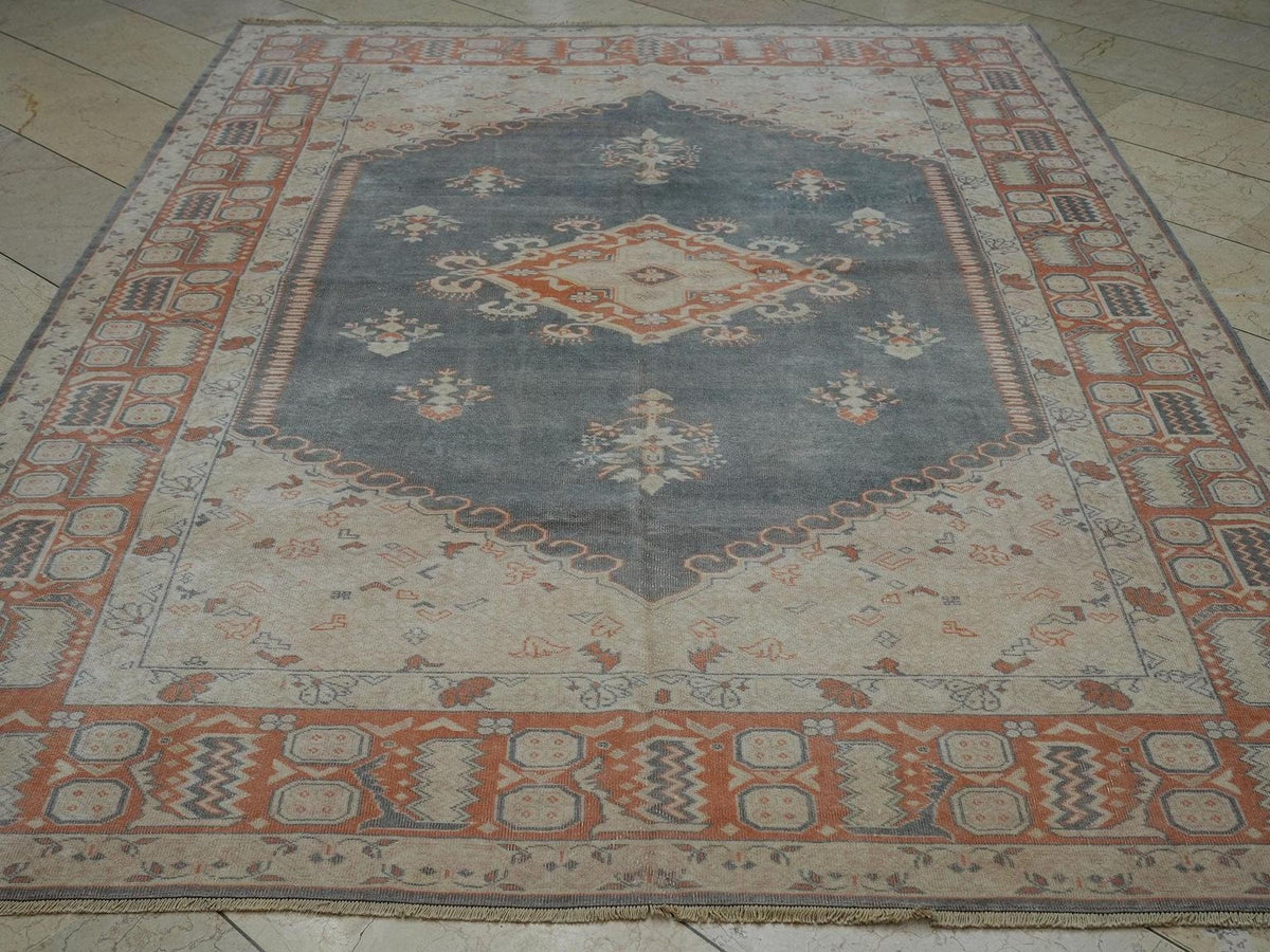 Handmade Wool Vintage Turkish Oushak Rug: 6.5x9  Gray Blue & Terra-cotta Rugs.