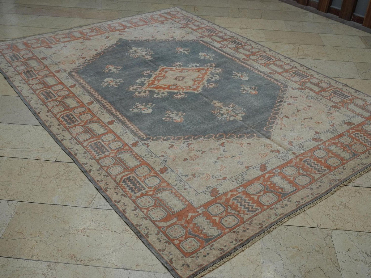 Handmade Wool Vintage Turkish Oushak Rug: 6.5x9  Gray Blue & Terra-cotta Rugs.