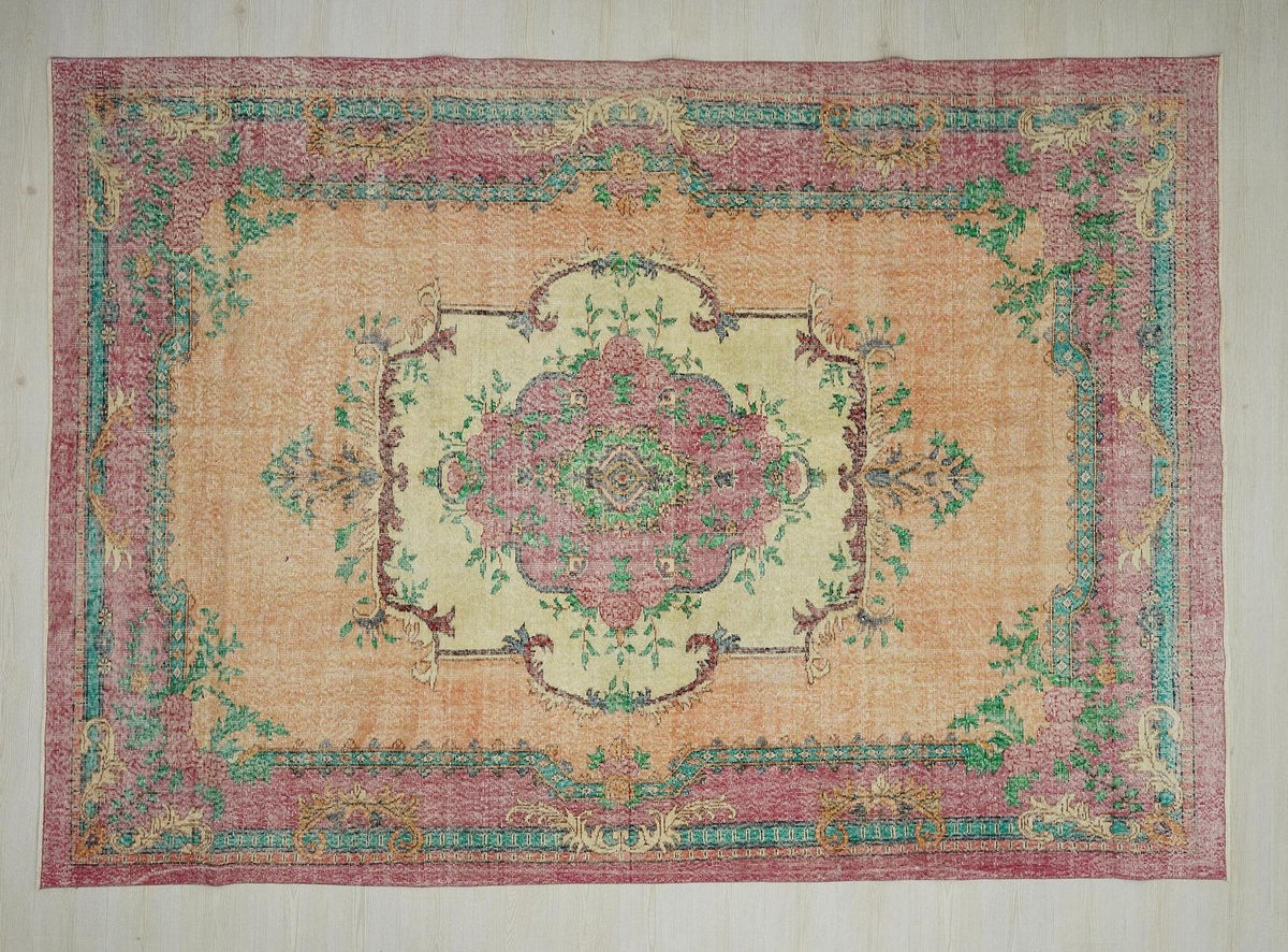 Colorful Vintage Oushak Rug: Mid-Century Modern Turkish Handwoven Rugs, 7,3x10,6 Feet.