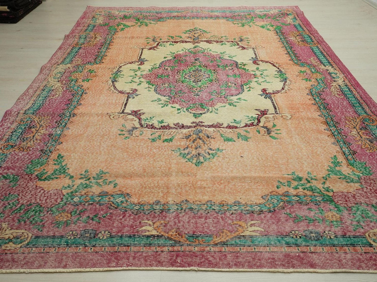 Colorful Vintage Oushak Rug: Mid-Century Modern Turkish Handwoven Rugs, 7,3x10,6 Feet.