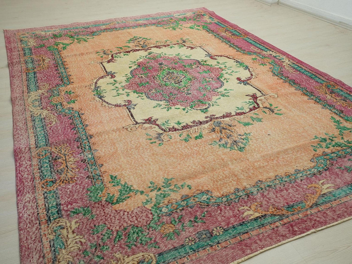Colorful Vintage Oushak Rug: Mid-Century Modern Turkish Handwoven Rugs, 7,3x10,6 Feet.